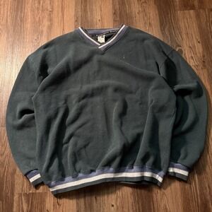 Vintage Russell Athletic V Neck Sweatshirt Striped Trim‎ XL Green Mens